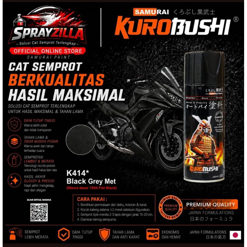 Samurai Paint Black Grey Met Kawasaki #K414* Cat Aerosol Kualitas Kompresor