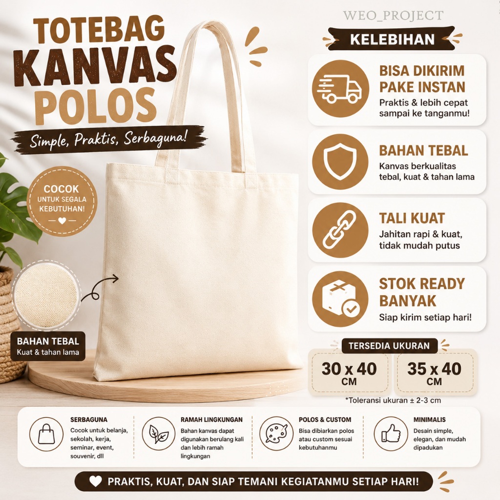 TOTEBAG PUTIH  POLOS BAHAN KANVAS TAS TOTE 35x40 cm