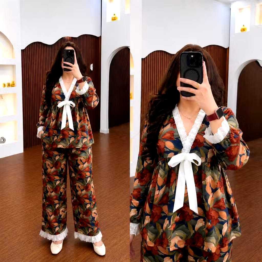 NANIA SET RAYON KERAH PITA TANGAN PANJANG CELANA KULOT LD 110 / SETELAN WANITA TERBARU KEKINIAN / ON