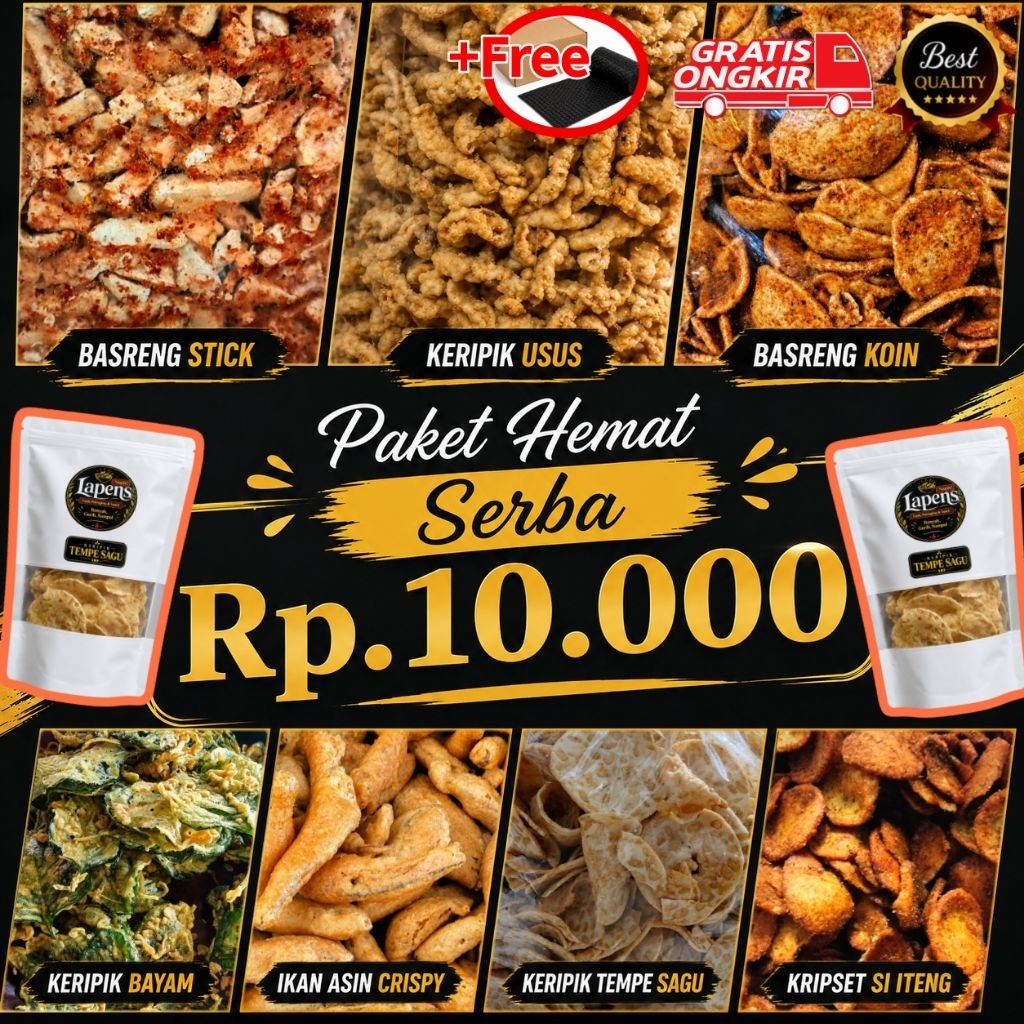 Paket Hemat Serba Rp.10000 | Basreng Stick Seblak Pedas, Keripik Usus Ayam, Basreng Koin, Keripik Ba