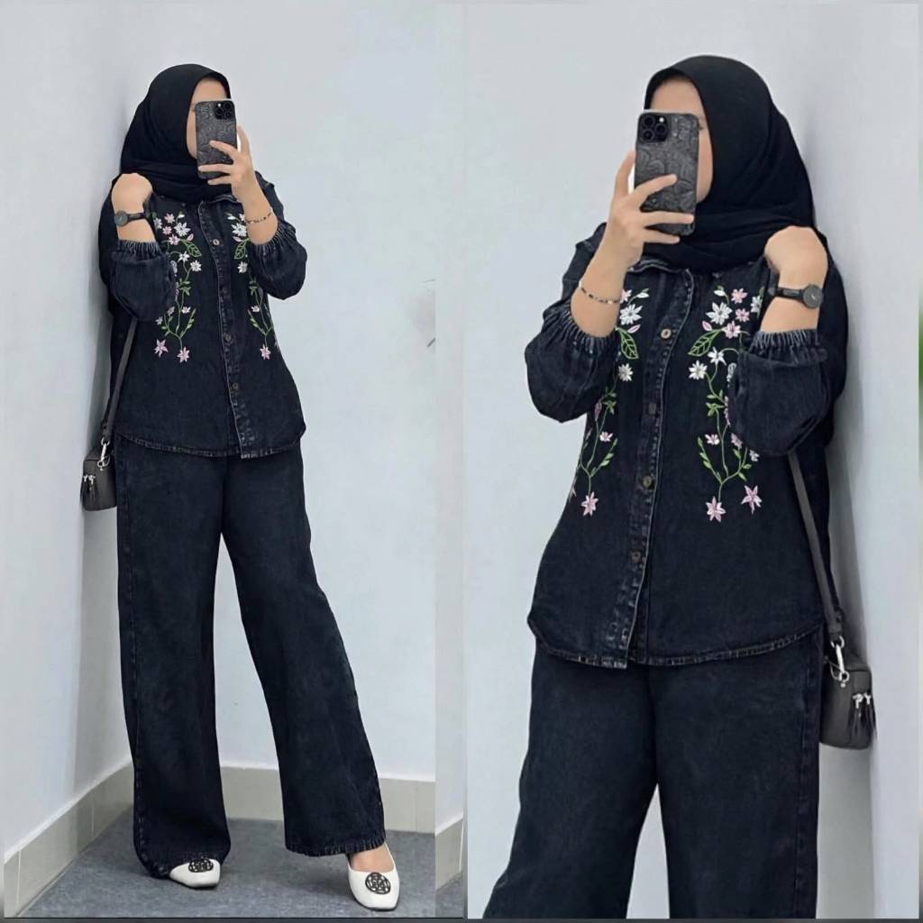 TANIA one set jeans bordir , one set jeans bordir bunga , set wanita soft jeans bordir , setelan ful