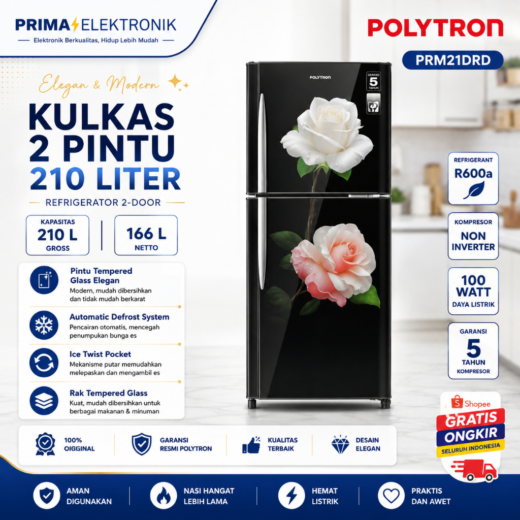 Polytron PRM 21DRD – Kulkas 2 Pintu 210 Liter PRM21DRD