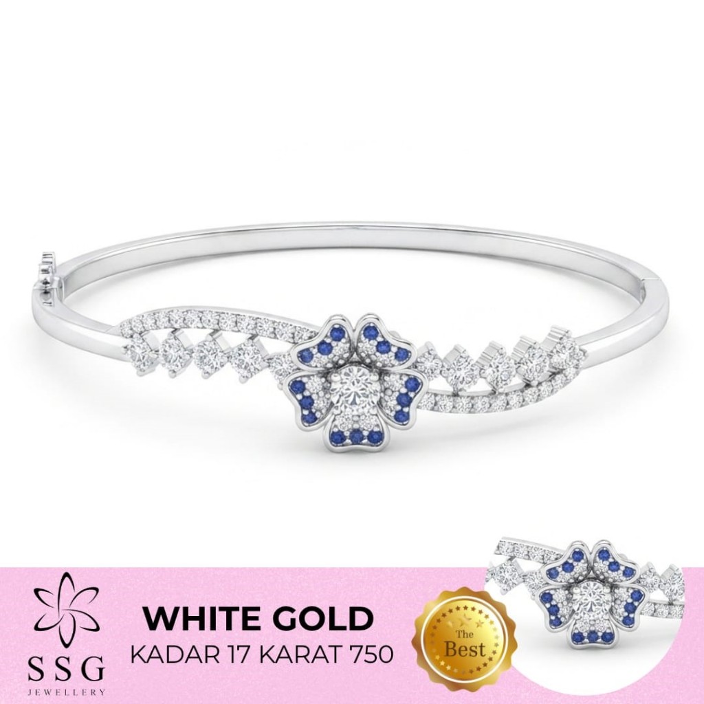 Gelang Emas Bunga Permata Biru Engkl 17K - SSG JEWELLERY