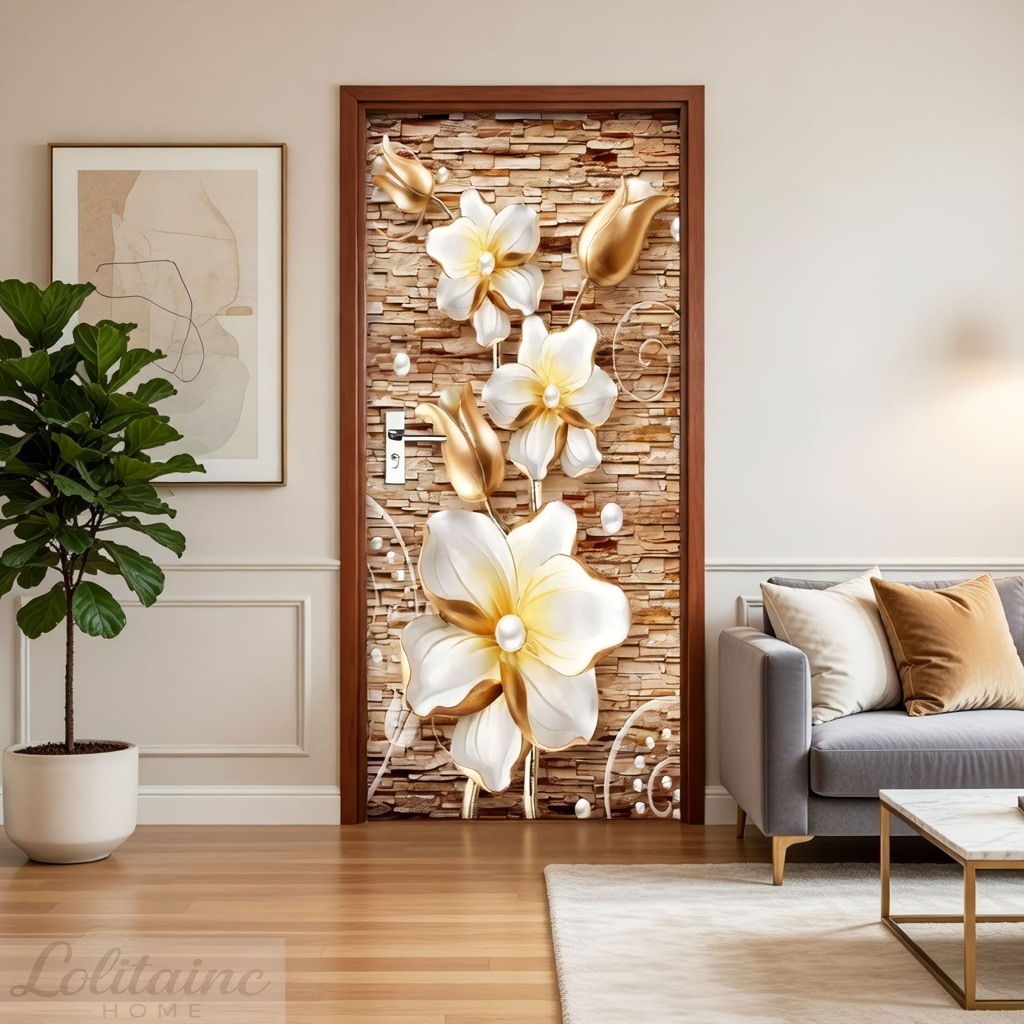 Wallpaper Pintu  Motif 3D Bunga Gold Mewah