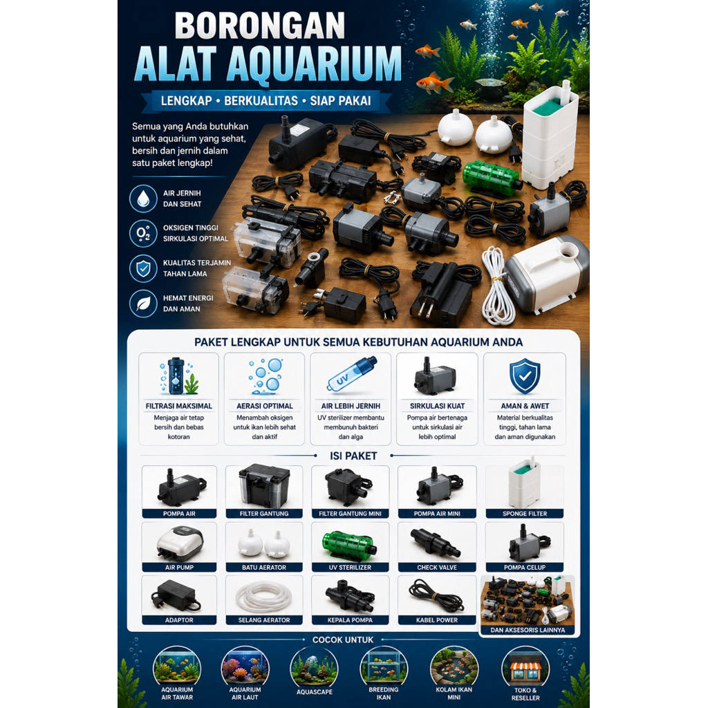 Borongan Alat Aquarium Lengkap | Pompa Air, Air Pump, Filter Gantung, Sponge Filter, UV Sterilizer, 
