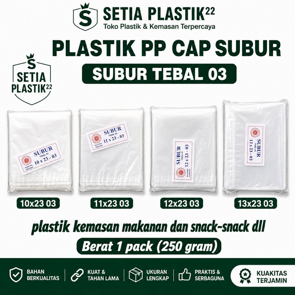Plastik PP cap subur tebal 03 ukuran lengkap : 10x23 11x23 12x23 13x23 plastik snack plastik krupuk 