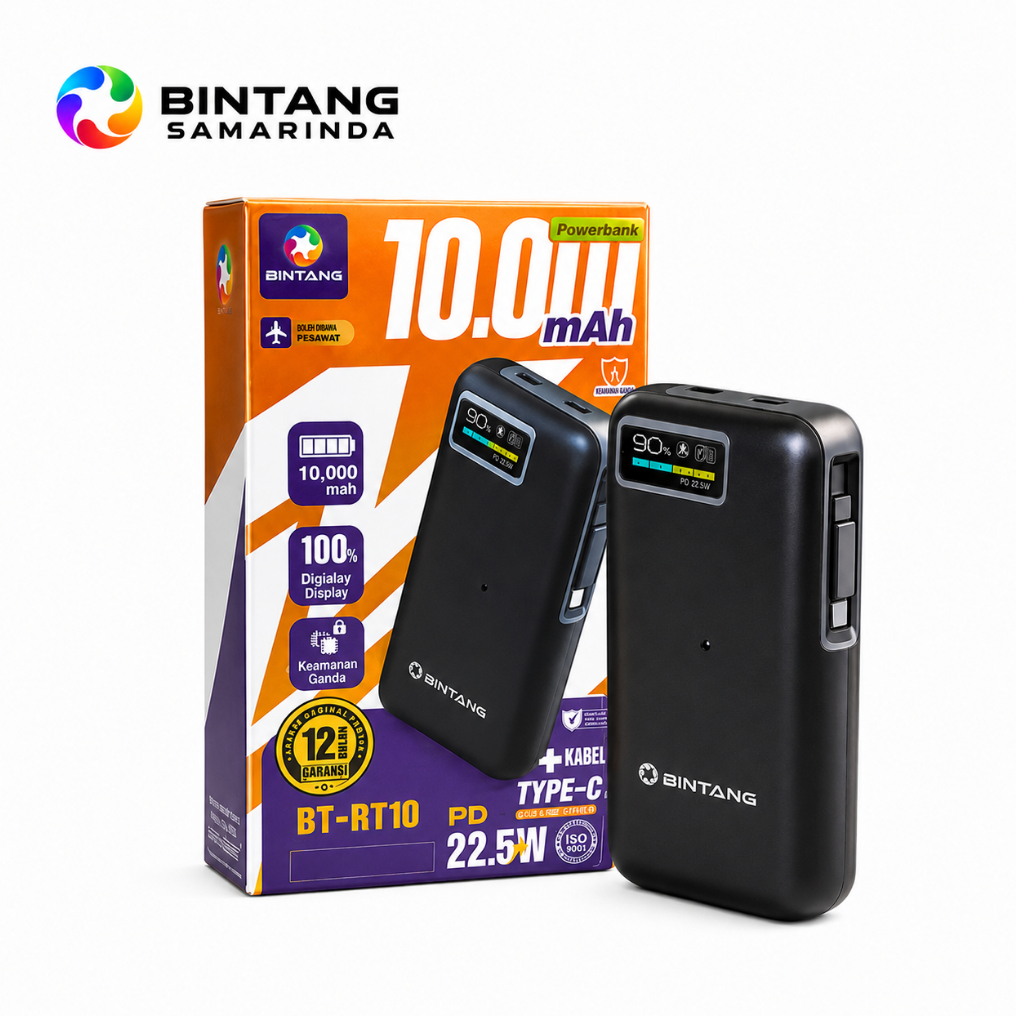 POWERBANK 2 PORT TYPE C + KABEL TYPE C 10000 MAH BINTANG 22.5W BT-RT10