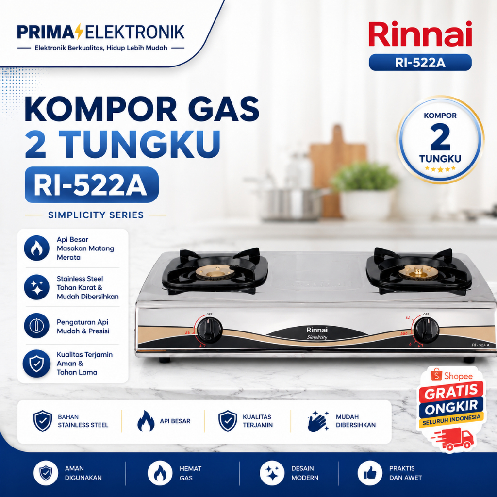 RINNAI KOMPOR GAS 2 TUNGKU RI-522 A/RI-522A/RI522A/RI 522A/RI 522 A/ORIGINAL RINNAI/GARANSI RESMI