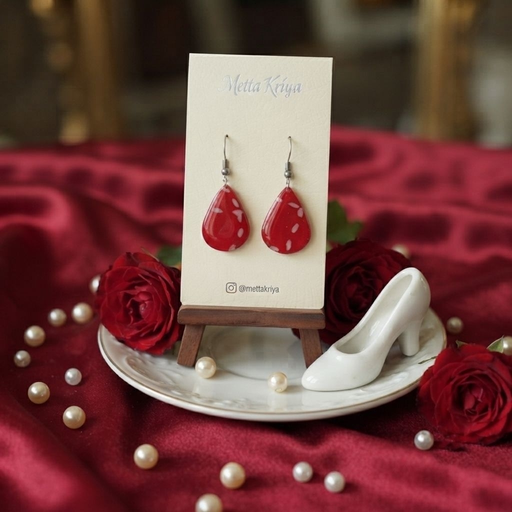Anting Merah Ruby Gantung Motif Bintik Putih Abstrak Bentuk Teardrop