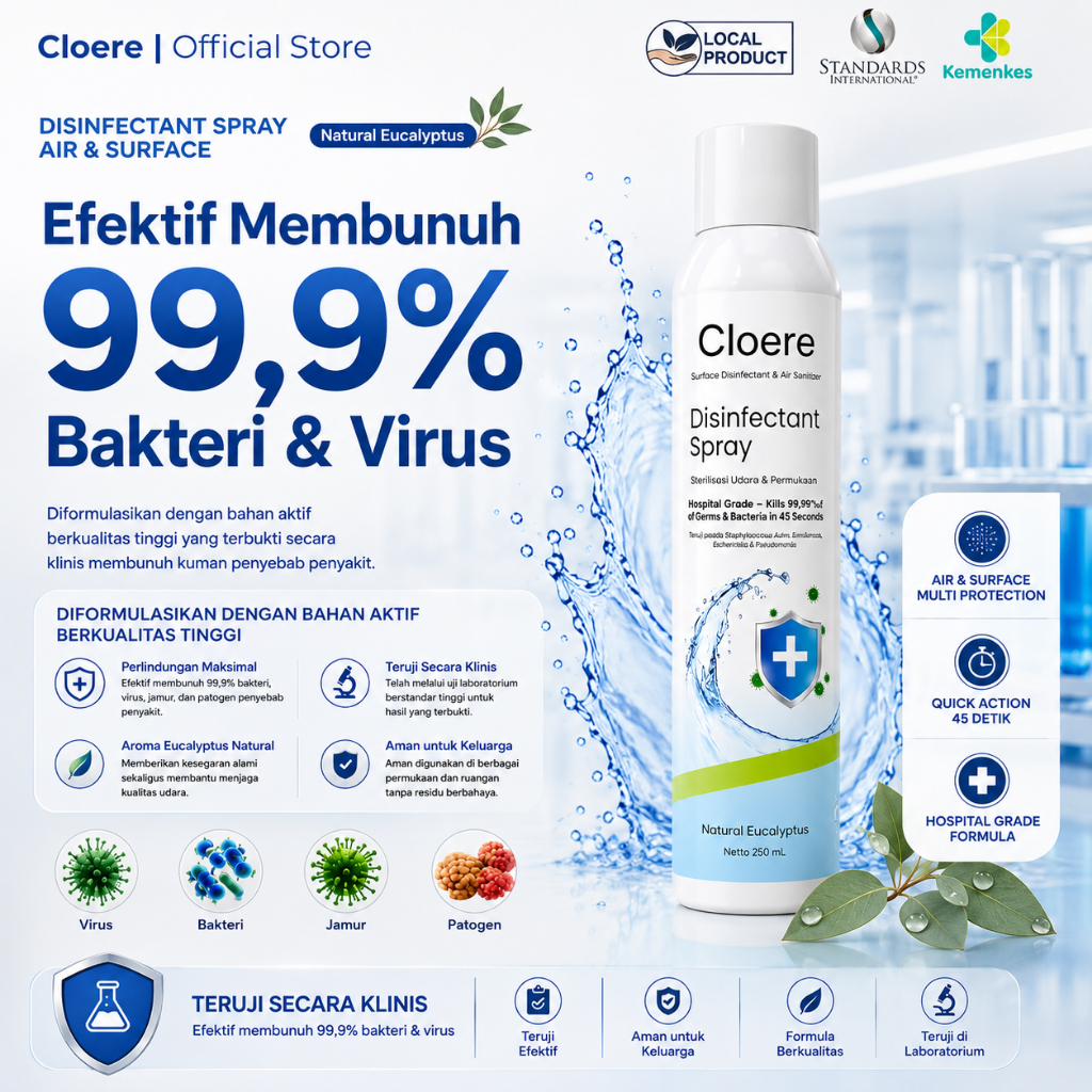 CLOERE STERILISASI RUANGAN Disinfektan Spray 250ml Aroma Eucalyptus Pembunuh Kuman 99.9% | Anti Bakt