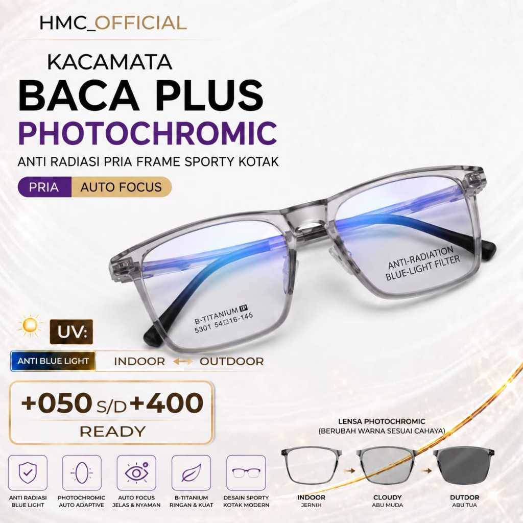Kacamata Baca Plus Photochromic Anti Radiasi Pria Wanita Frame Sporty Auto Focus +050 s/d +400