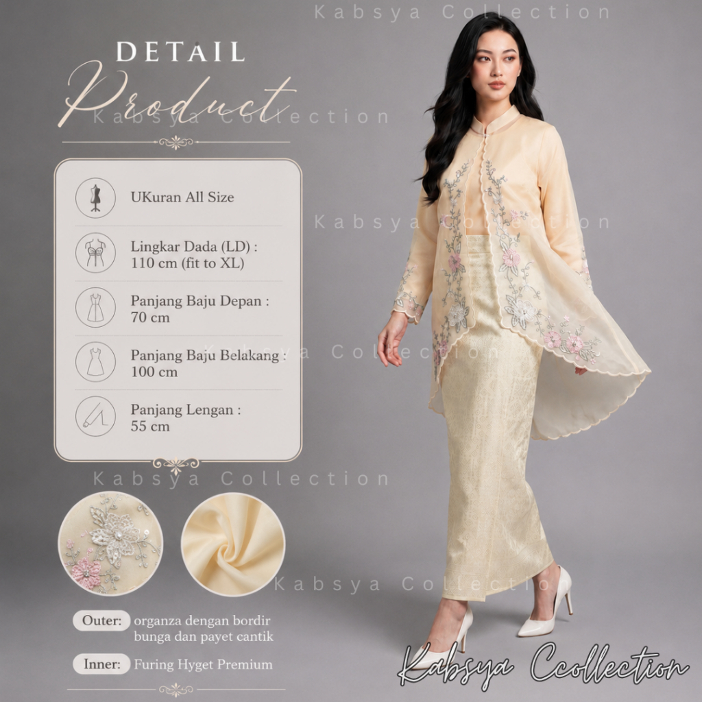 Set Kebaya Kurung Organza Model Outer / Sulam Bunga Premium dan Selendang Organza / Baju Tunik Organ