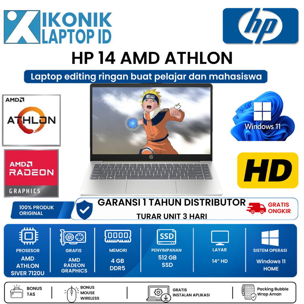 Laptop Editing Desain Grafis HP 14 AMD Athlon Ssd 512 GB Nvme Window 11 Original Baru