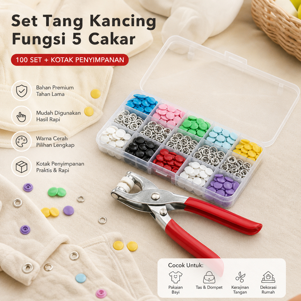 100Pcs Kit alat pemasangan kancing jepret lima cabang, kancing jepret tanpa jahitan untuk tas, kanci