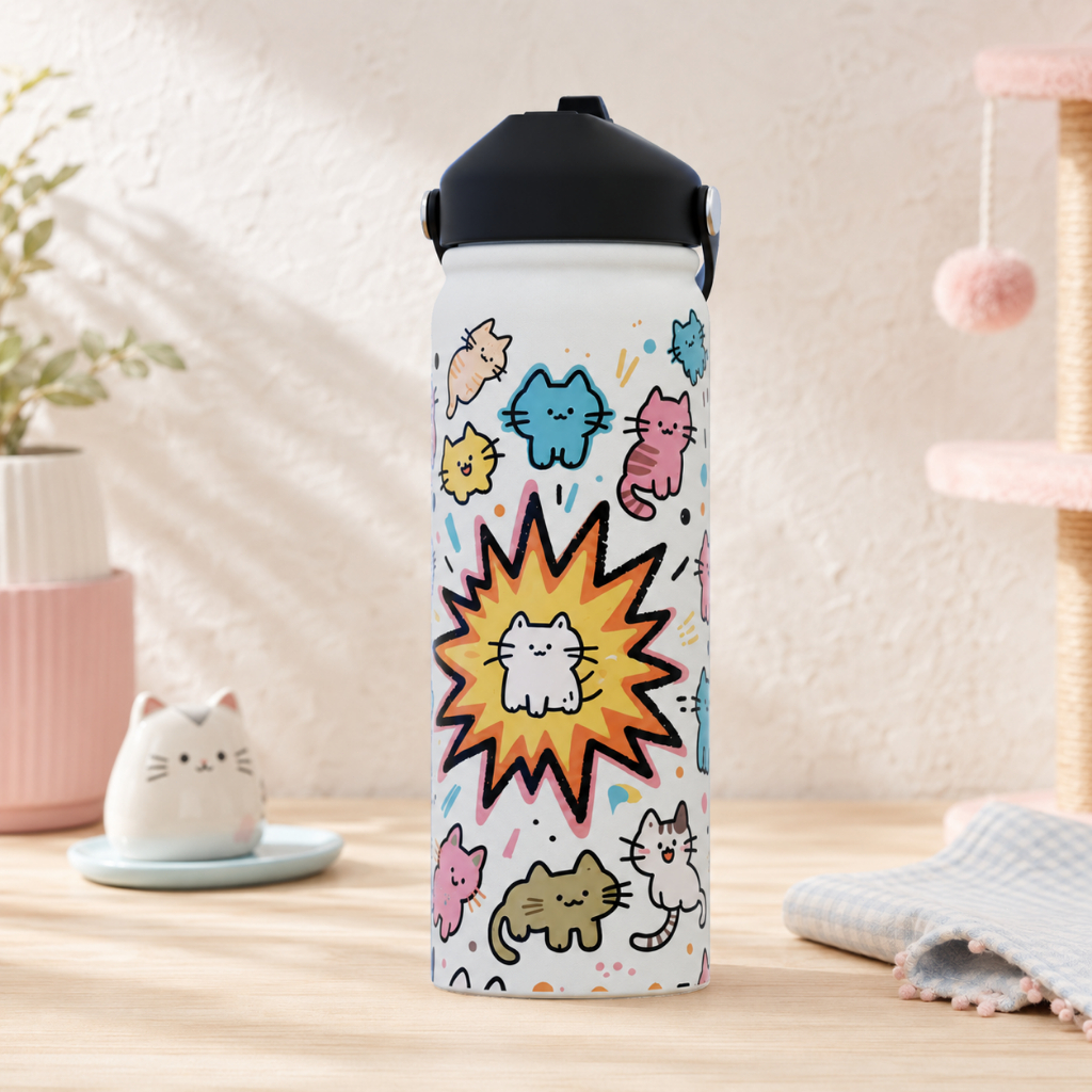 Botol Termos 800ml Motif Kucing Kartun Doodle Warna‑warni Lucu