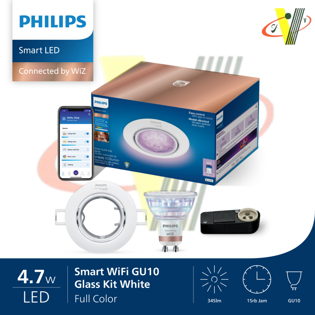 Lampu Philips LED Smart Wifi GU10 Glass Kit White 4.7W Watt - Full Color RGB dengan fitting dan fram