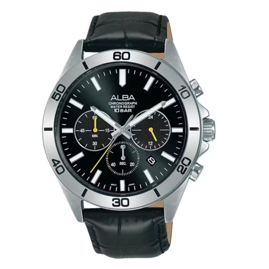 Jam Tangan Pria Alba Active AT3H33X1 Chronograph Black Dial Black Leather Strap AT3H33