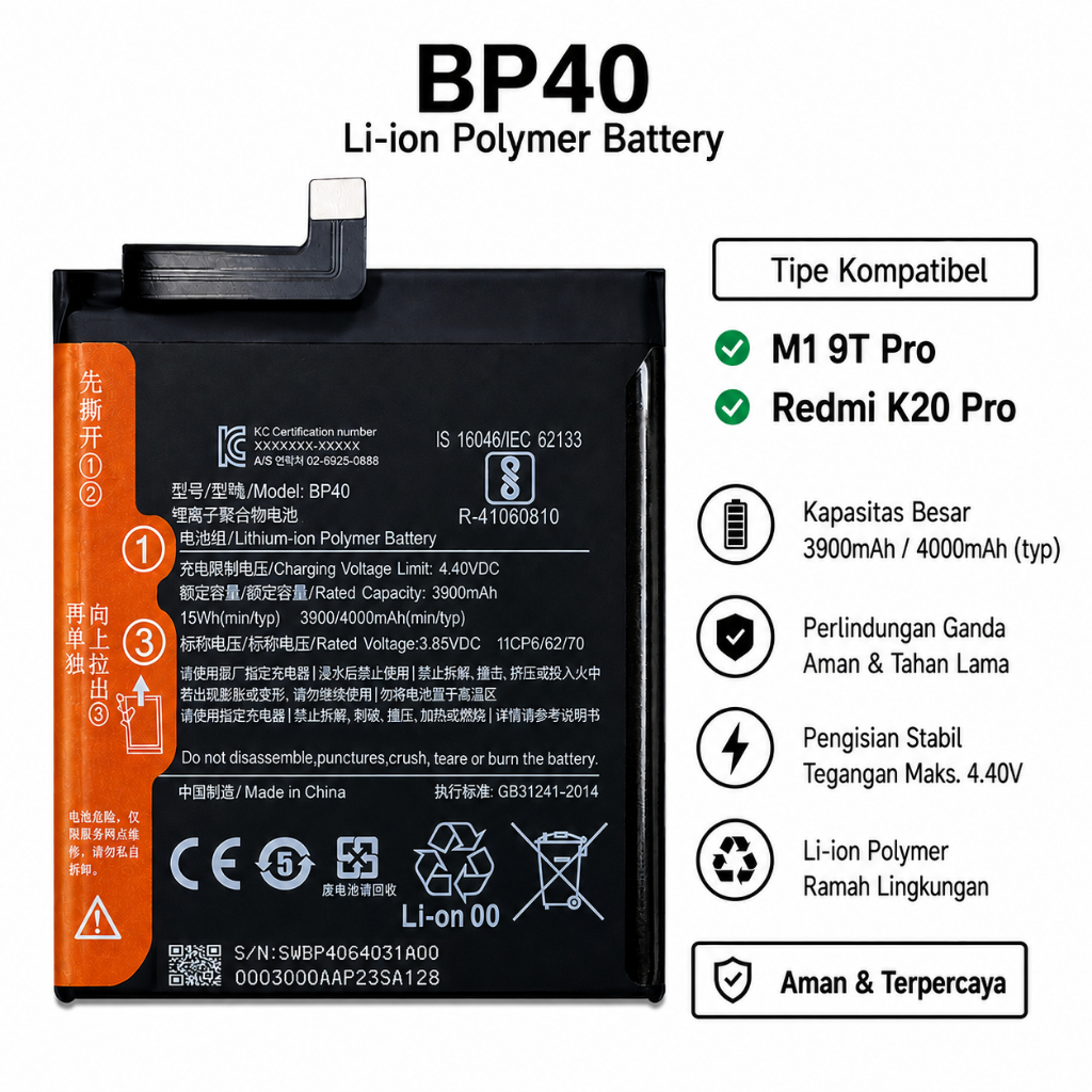 Baterai For Mi9T Pro Redmi K20 Pro / K20 Pro BP40 Battery Batrai Batre