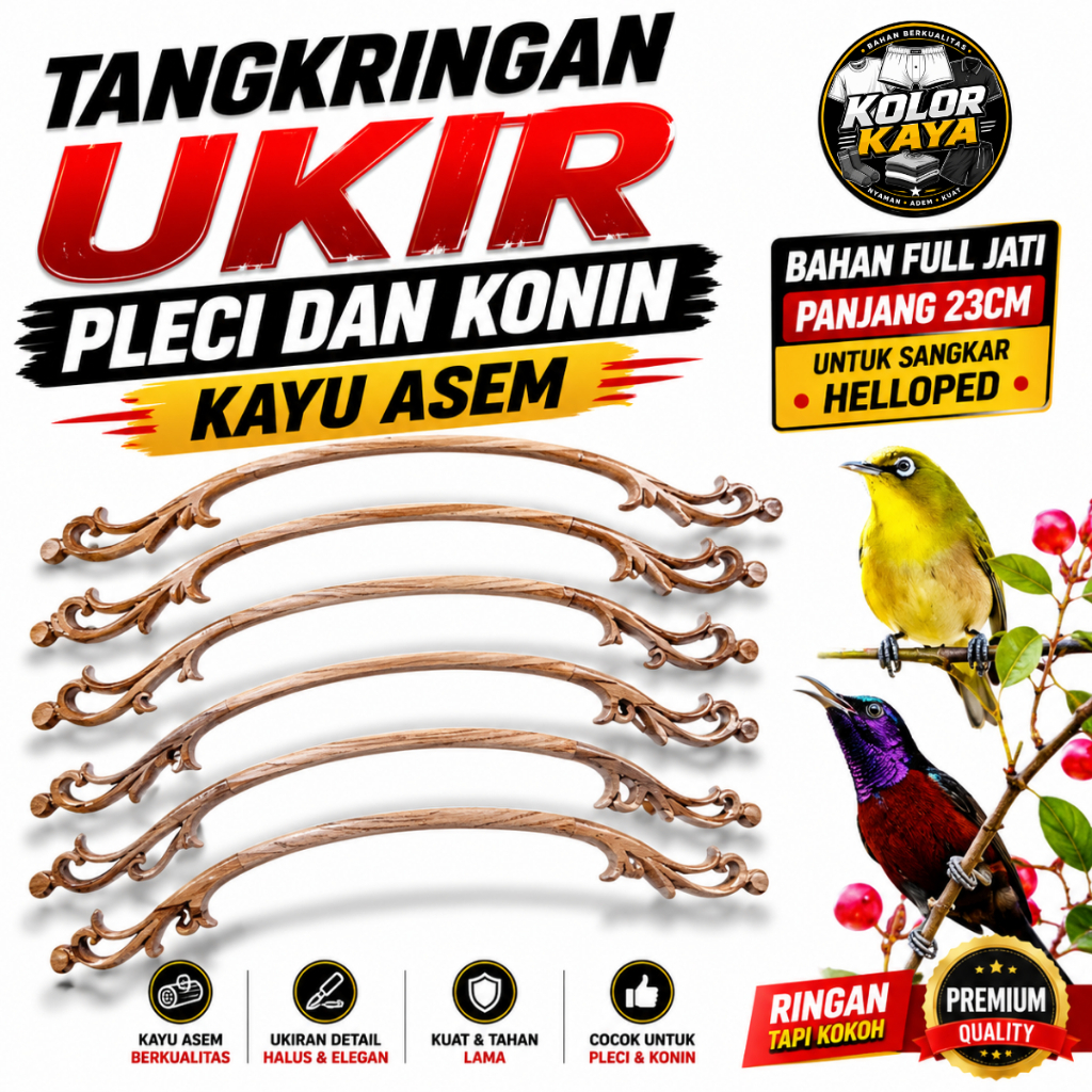 SEDIA TANGKRINGAN UKIR PLECI DAN KONIN KAYU ASEM BURUNG PANGKRINGAN SANGKAR HELOPED 23 CM KOTAK PCMI