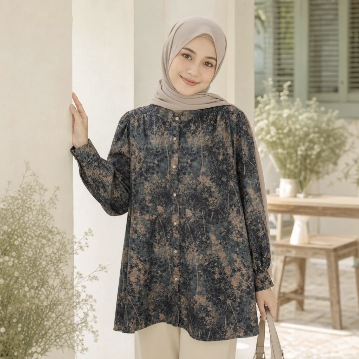TendBlank Blouse Wanita Elegan | Kemeja Lengan Panjang Motif Bunga Kerah Mandarin | Model Longgar Ba