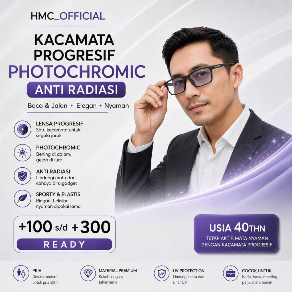 POLICE Kacamata Baca Progresif Pria Photochromic Anti Radiasi Elegan +100 s/d +300 Baca & Jalan