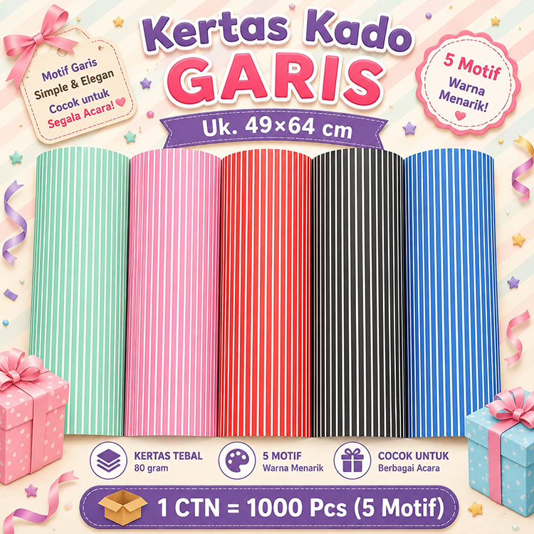 Kertas Kado GARIS, wrapping paper, kertas kado motif garis, kertas kado setara sanwa sansan wawa