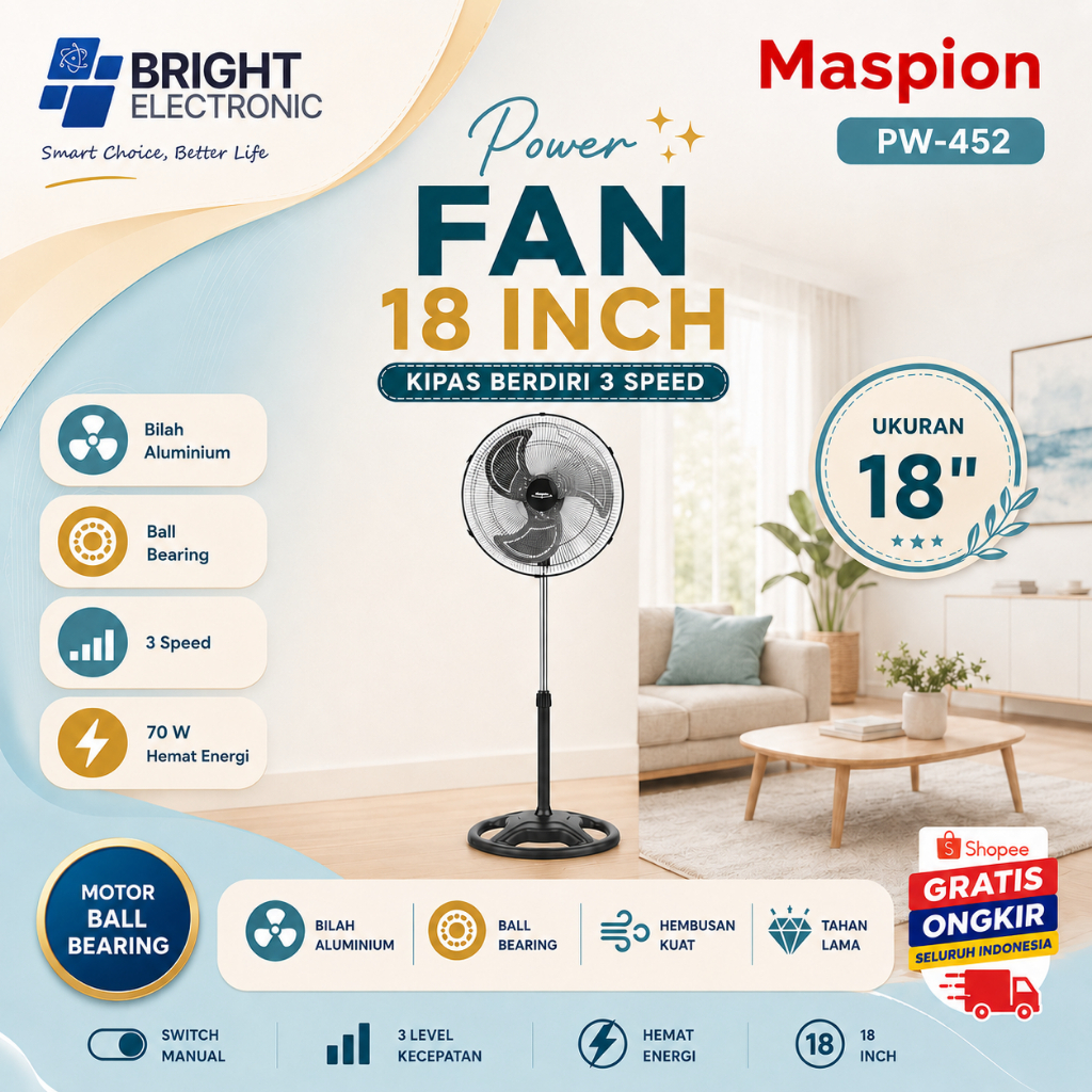 MASPION KIPAS ANGIN POWER FAN PW 452 18"/PW452/PW-452/PW 452/MASPION KIPAS ANGIN MASPION 18 INCH