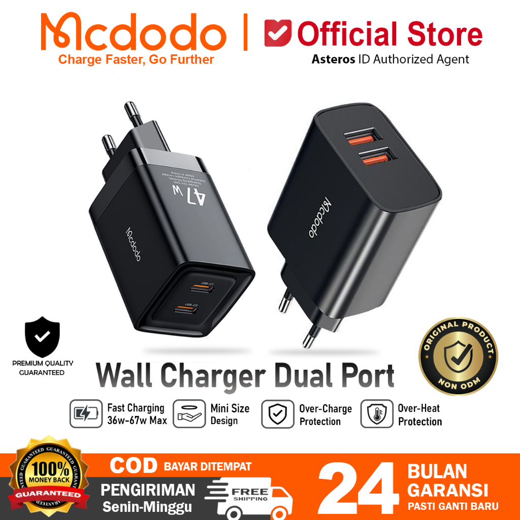 MCDODO Kepala Charger GAN Dual Port PD Type C Fast Charging 36w 45w -47w