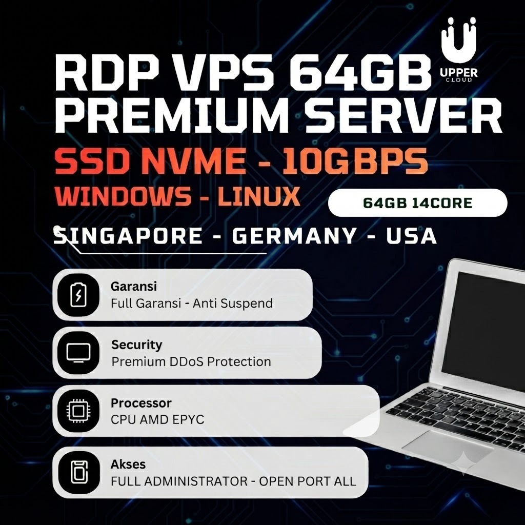 RDP VPS Premium Singapore USA Germany 64GB RAM 14 Core 600GB NVMe SSD Full Akses Bisa Perpanjang Ded
