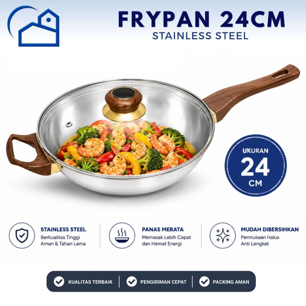 HOMESTATION - Panci Wajan Frypan Stainless Steel 24CM Anti Lengket Tutup Kaca Tebal Q2-8224