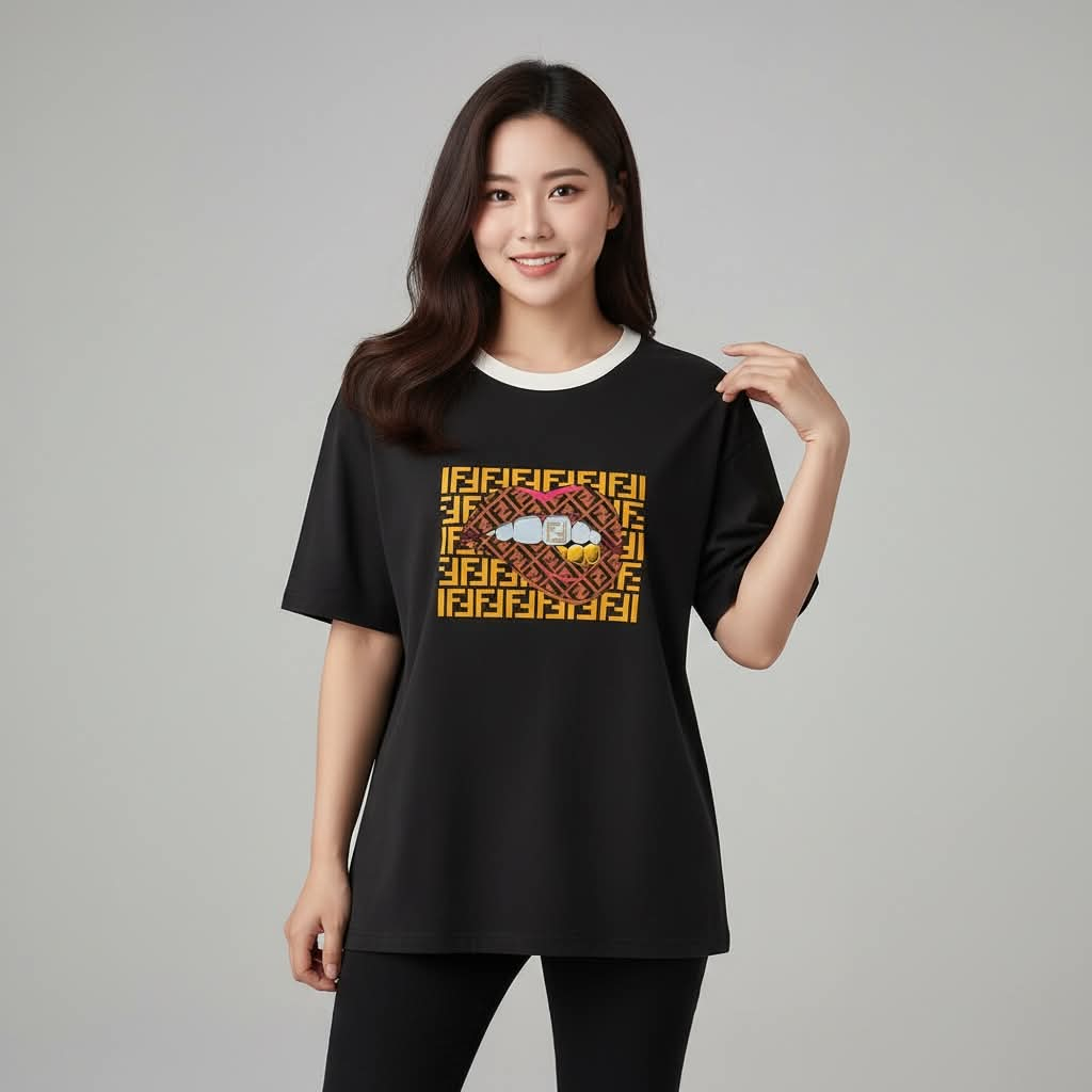 Kaos Wanita Grafis Bibir Monogram FF - Tshirt Lips Print Oversized Streetwear Premium