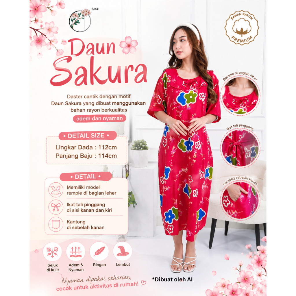 Baju Tidur Daster Batik Daun Sakura Hitam Remple Leher Rayon Premium Allsize Motif Sunan Bunga Kekin