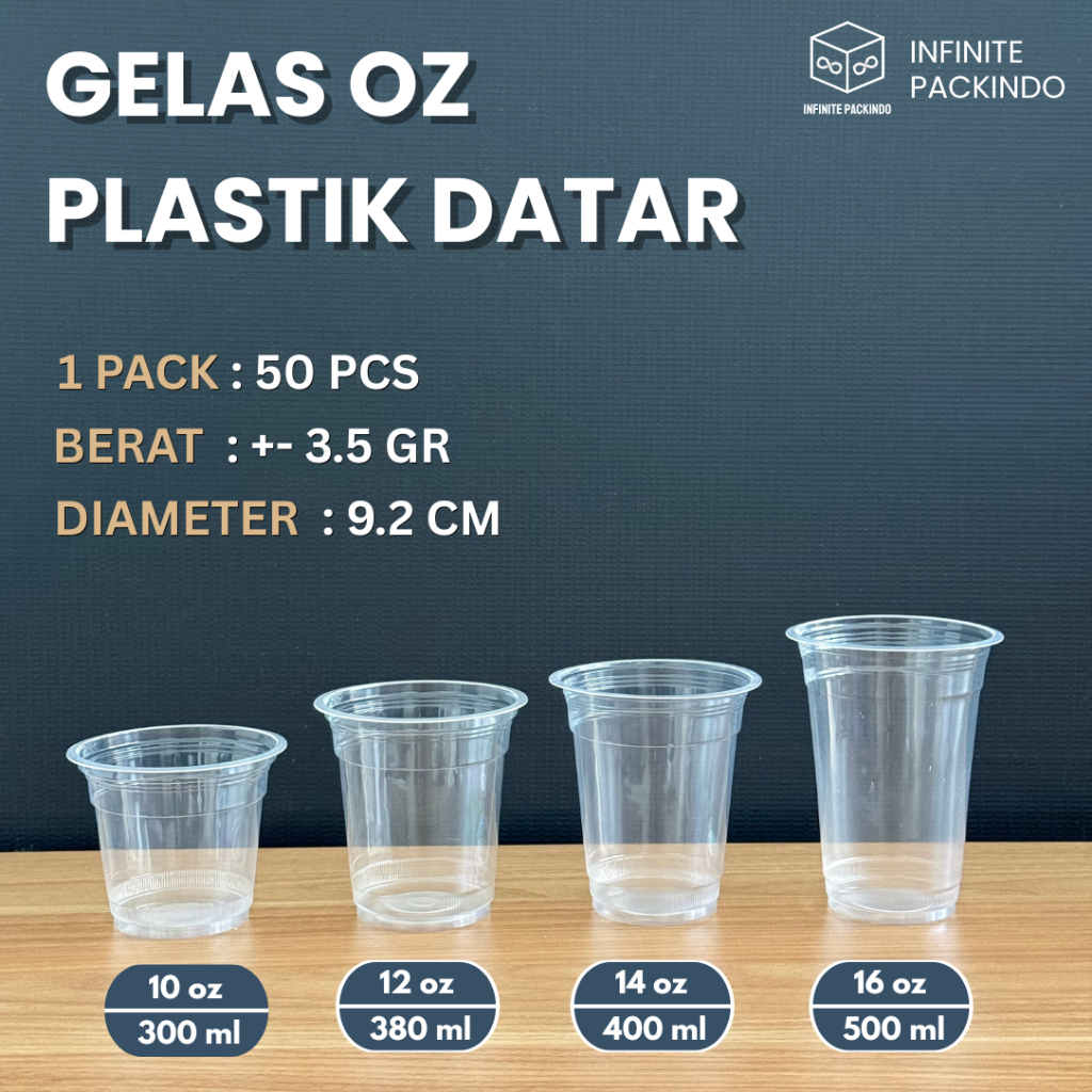 (ISI 50 PCS) Gelas Plastik (PP) Datar 10oz / 12oz / 14oz / 16oz (3.5gr) / Plastic Cup (PP) Datar (3.