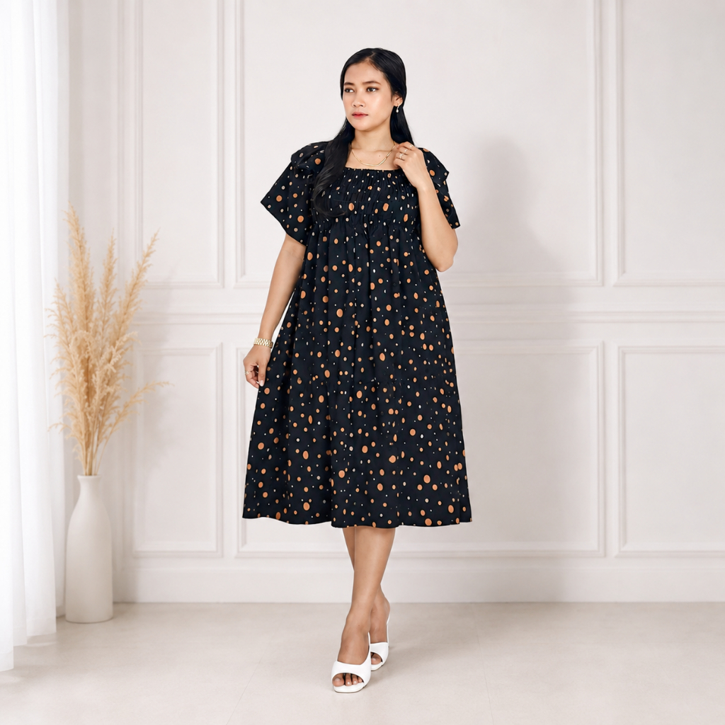DASTER SMOKE LILY JUMBO LENGAN TUMPUK SUSUN REMPEL GAUN WANITA JUMBO POLOS
