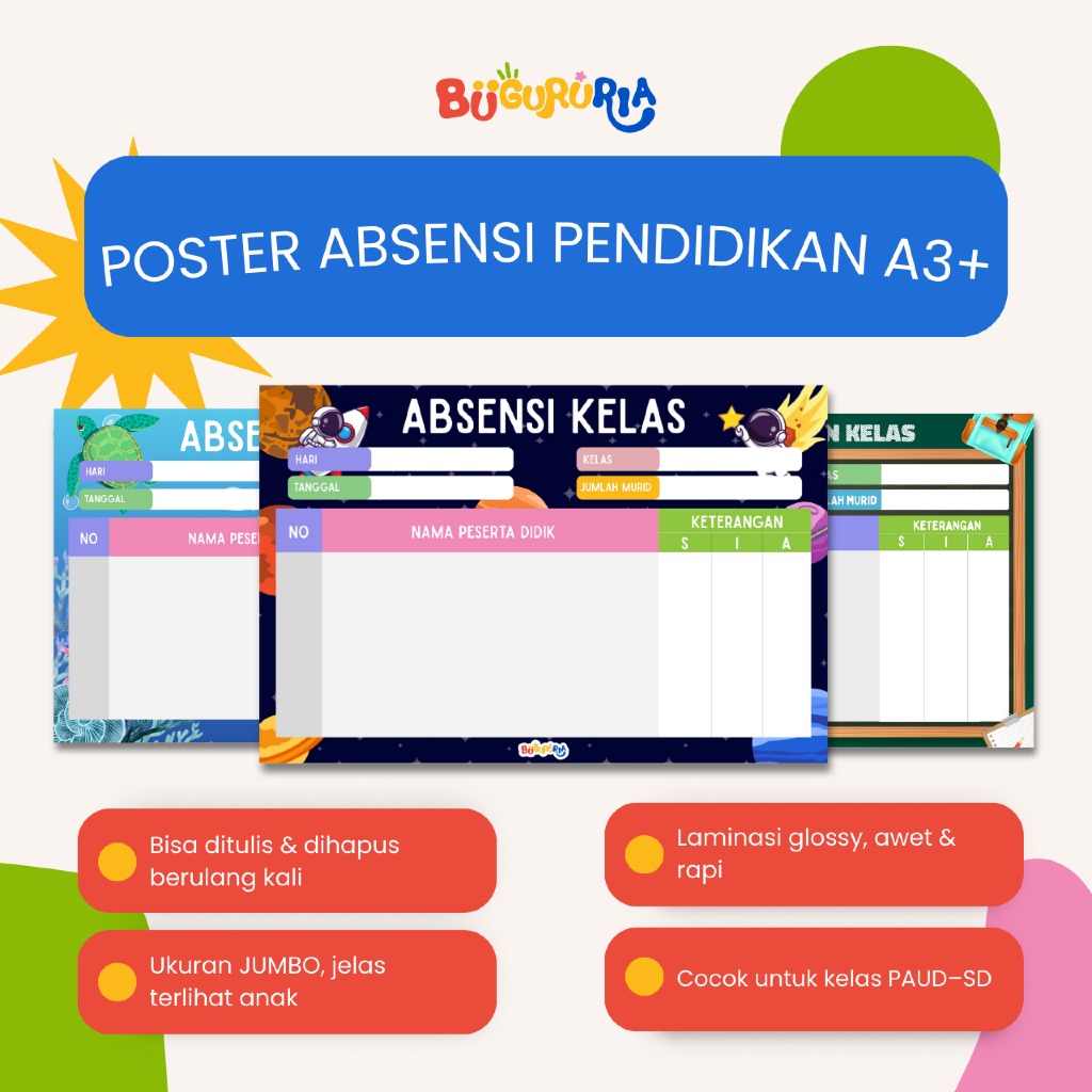 Bu Guru Ria - Poster Absensi Kelas Dinding Dapat Dihapus Dan Digunakan Berkali-Kali