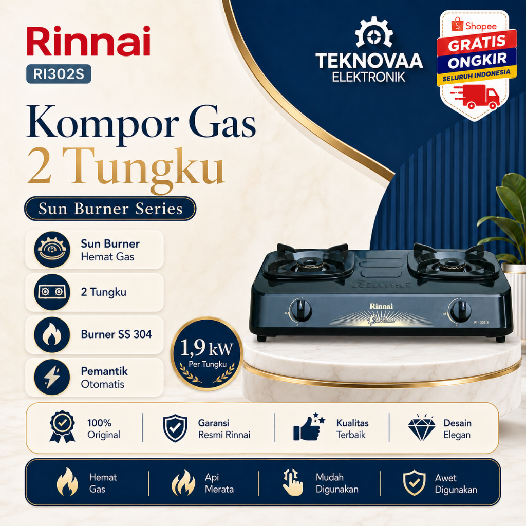 RINNAI KOMPOR GAS 2 TUNGKU RI 302S KOMPOR RI 302 S/RI302S/RI-302S/RI 302 S/ORIGINAL RINNAI /GARANSI