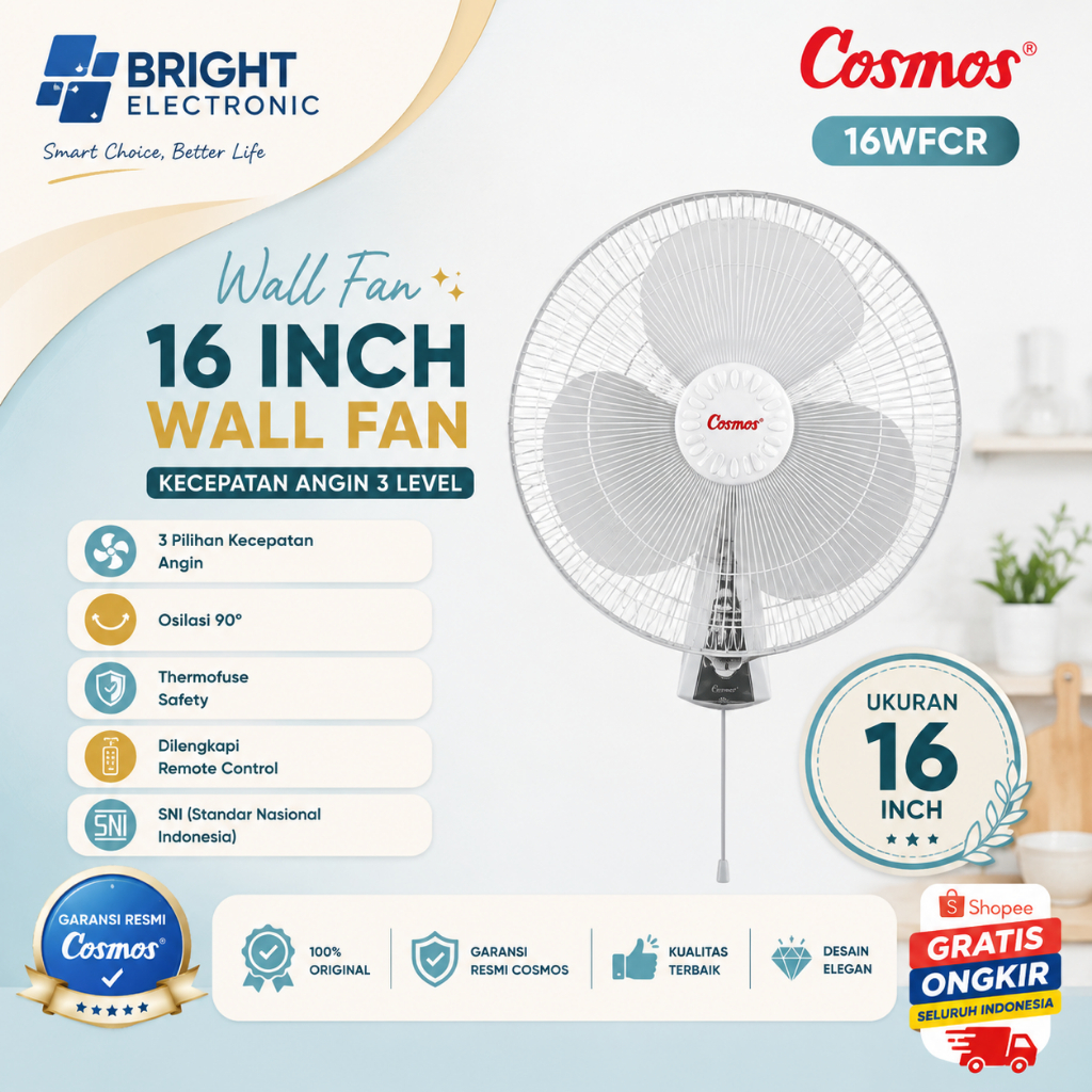 WALL FAN + REMOTE COSMOS  16WFCR 16inch TERMURAH ORIGINAL/16 WFCR / 16-WFCR / 16-WFCR/16 WFCR