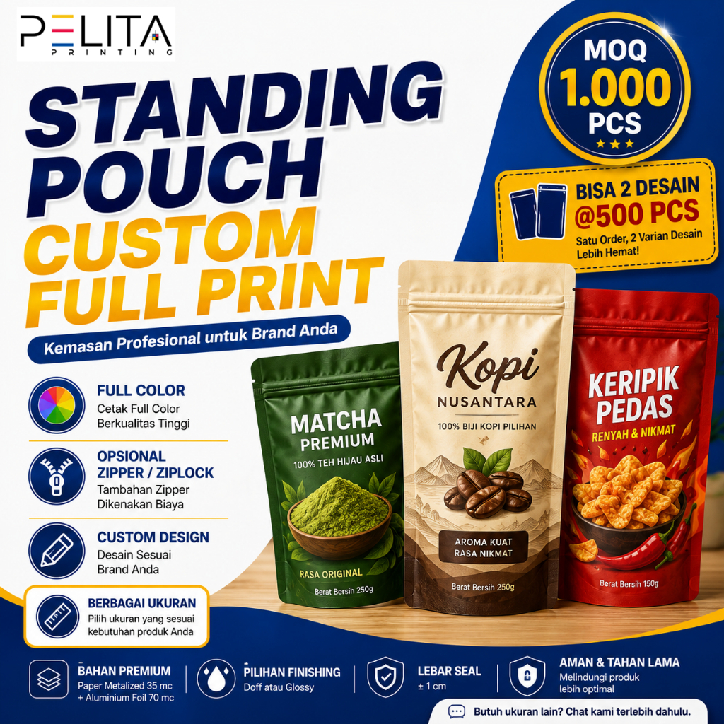 Standing Pouch Custom Full Print | Kemasan Produk UMKM Makanan Kopi Snack | Min. 1000pcs