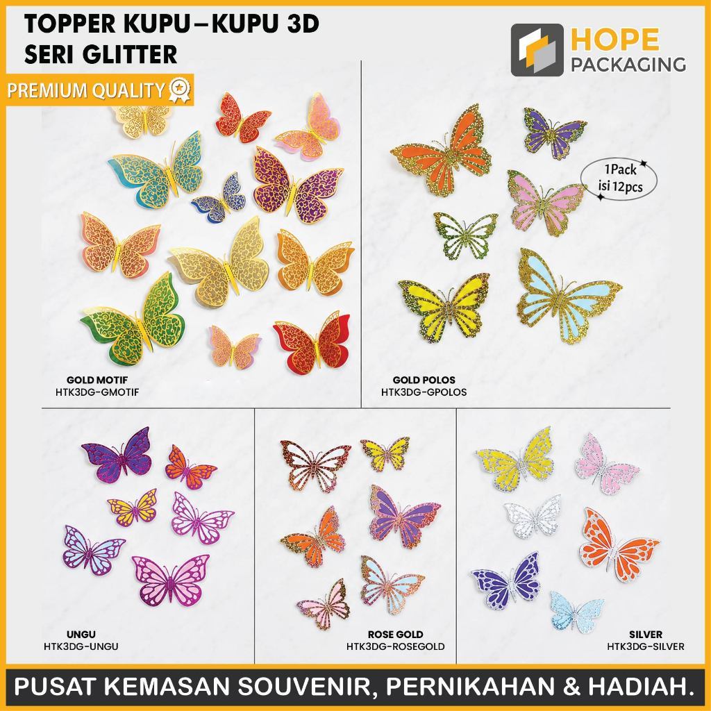 HOPE (Topper Kupu-Kupu 3 Dimensi/ Hiasan Kue Pernikahan/ Hiasan Dekorasi Background/ Hiasan Wedding 
