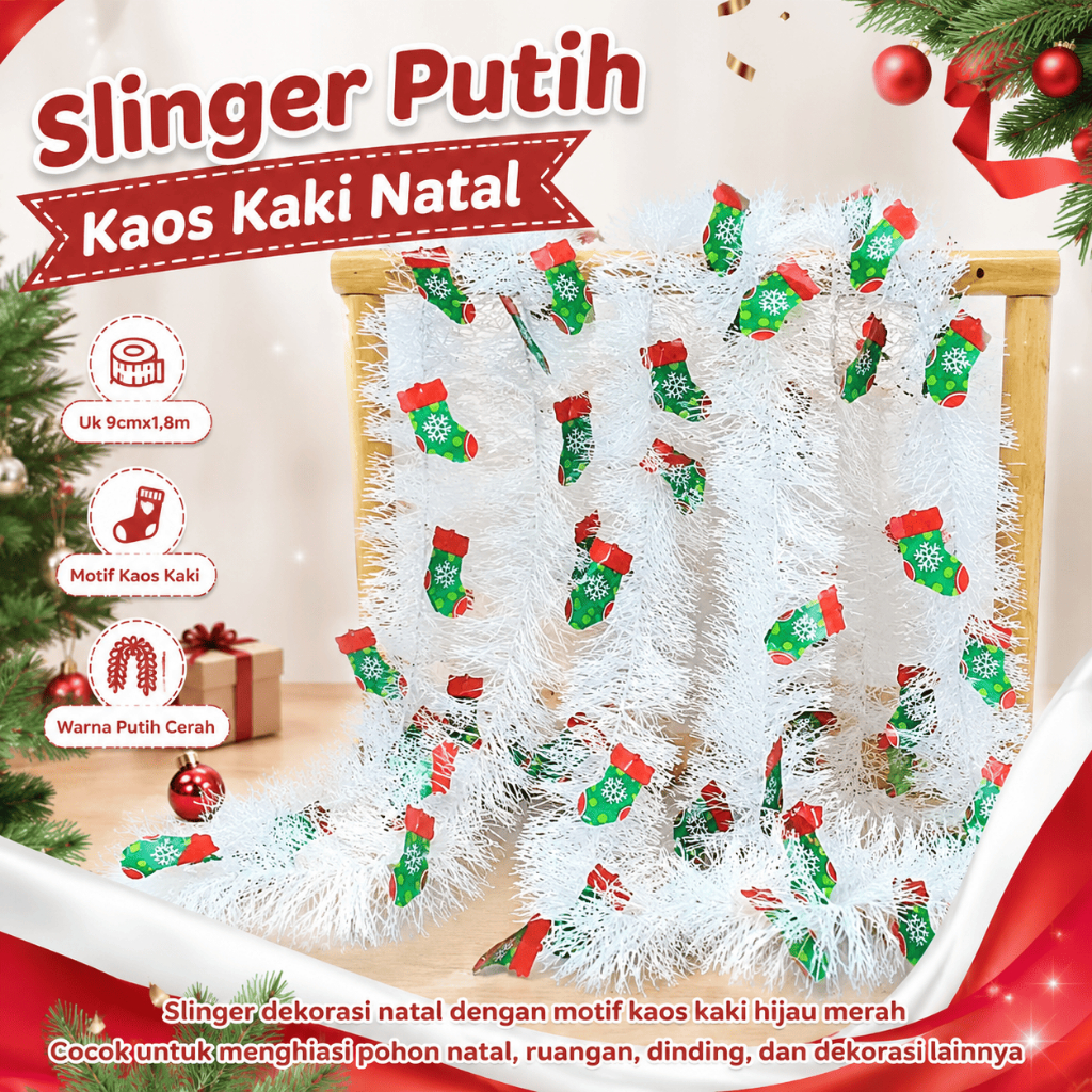 Slinger Putih Kaos Kaki Natal, slinger Warna Warni, Hiasan Dekorasi,slinger dekorasi natal, slinger 