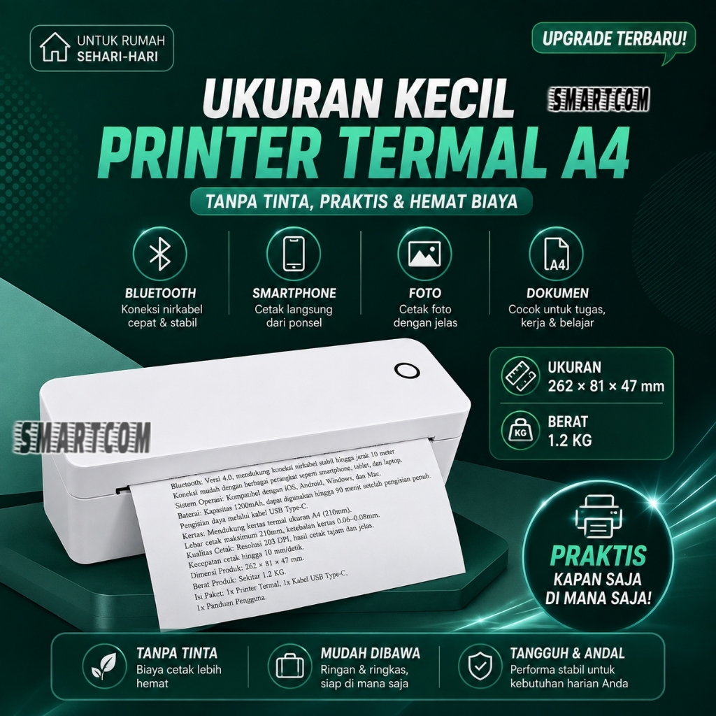 SMARTCOM Printer Bluetooth A4 HVS Thermal Printer SM-A400 Wireless Inkless Printer Document Tugas Po