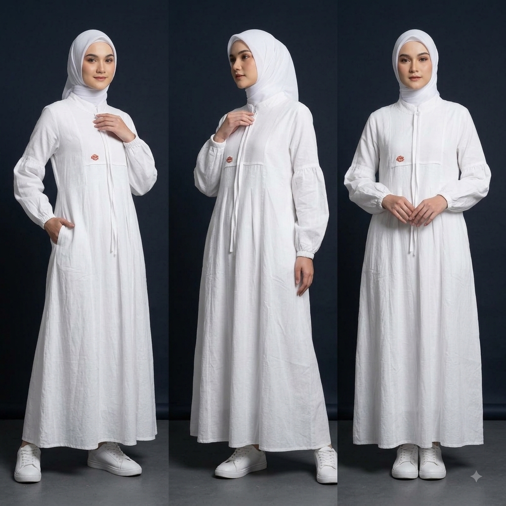 Gamis Wanita Muslimah Katun Zakat Emboss Premium Putih Full Puring by Addisha Official