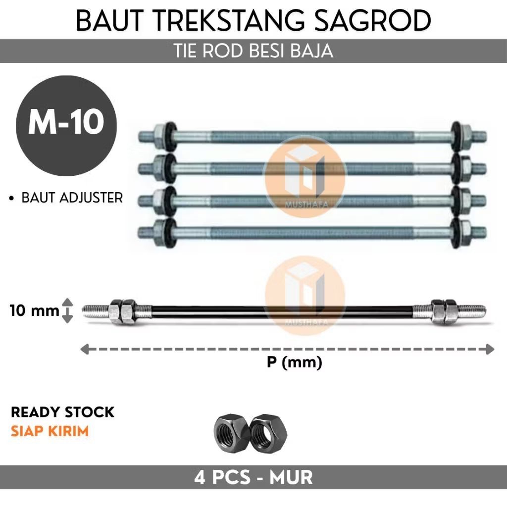 Baut Trekstang Sagrod Besi Baja M10 tierod terot As Drat