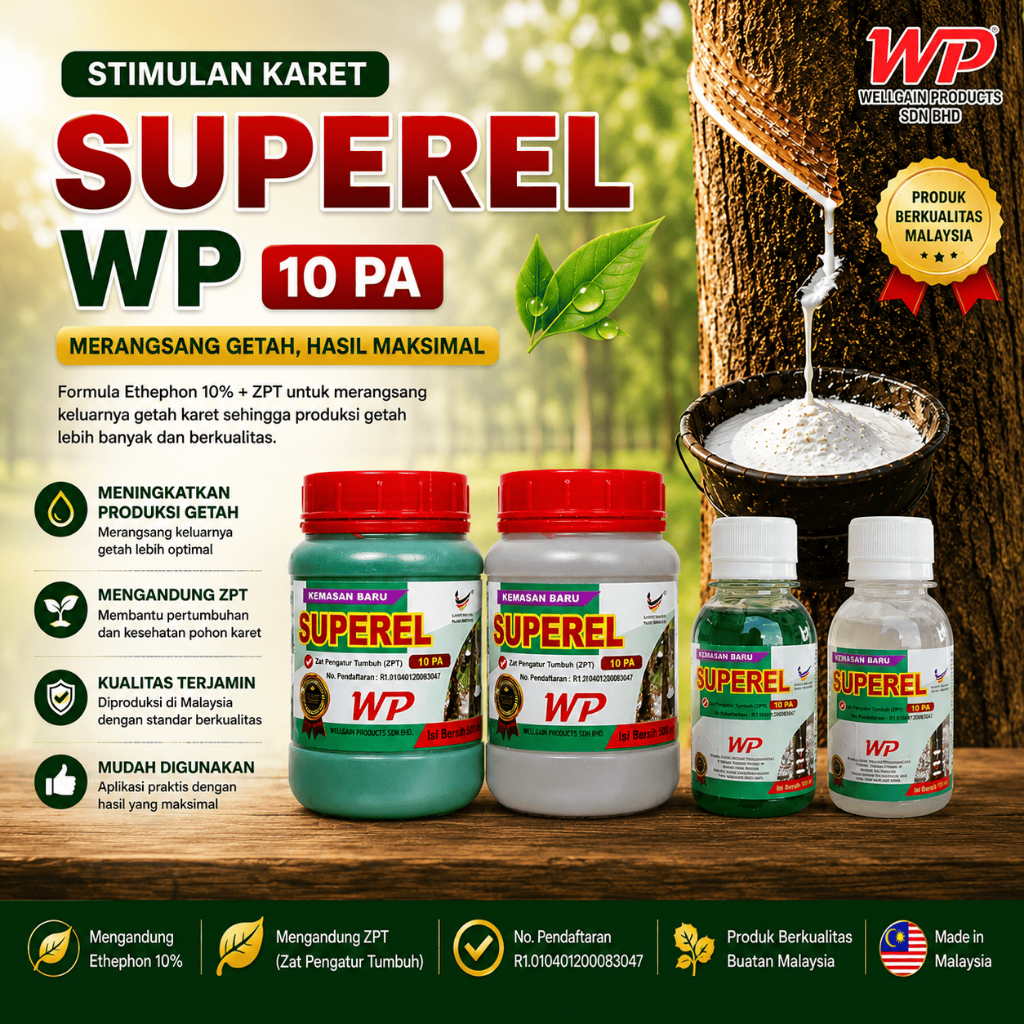 SUPEREL 10 PA 500ml & 100ml – ZPT Ethepon, Vitamin Karet, Perangsang Getah, Stimulan Sadap Karet Ter