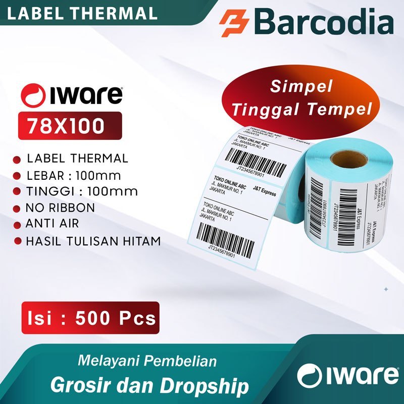 BARCODIA Sticker Label Thermal 78x100 mm isi 500 Pcs Iware Stiker Thermal