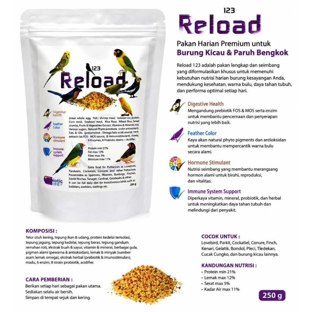 Reload 123 Pakan Harian Premium untuk Burung Kicau & Paruh Bengkok 250 g