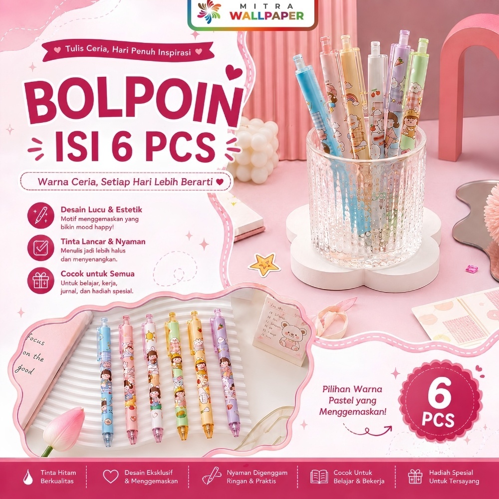 Pulpen Set Karakter Lucu Isi 6 Pcs Bolpoin Gel Pulpen Set Karakter Lucu Pulpen Mekanik Bolpoin