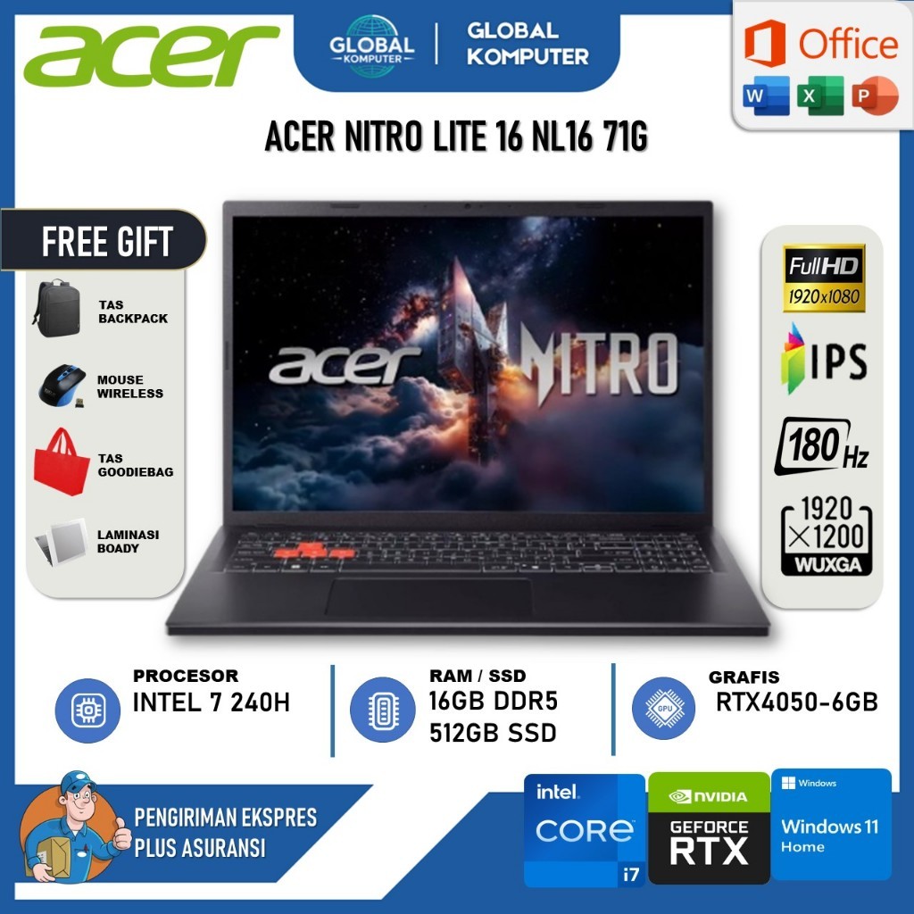 Laptop Gaming Acer Nitro Lite 16 NL16 71G INTEL 7 240H 16GB 512GB SSD RTX4050 WUXGA IPS 100SRGB 180H