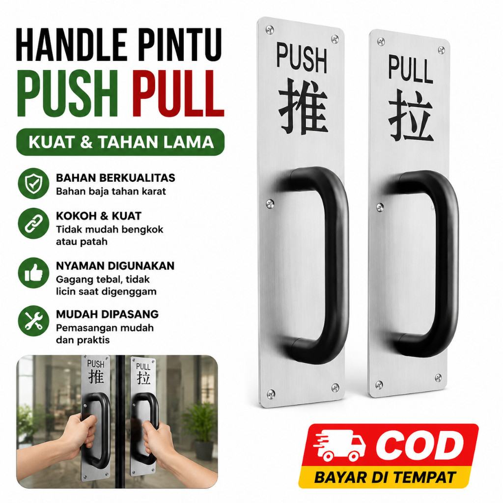 1SET Tidak perlu pengeboran 30CM Push Pull Gagang pintu Plate Push Handle Stainless Gagang Pintu Tar