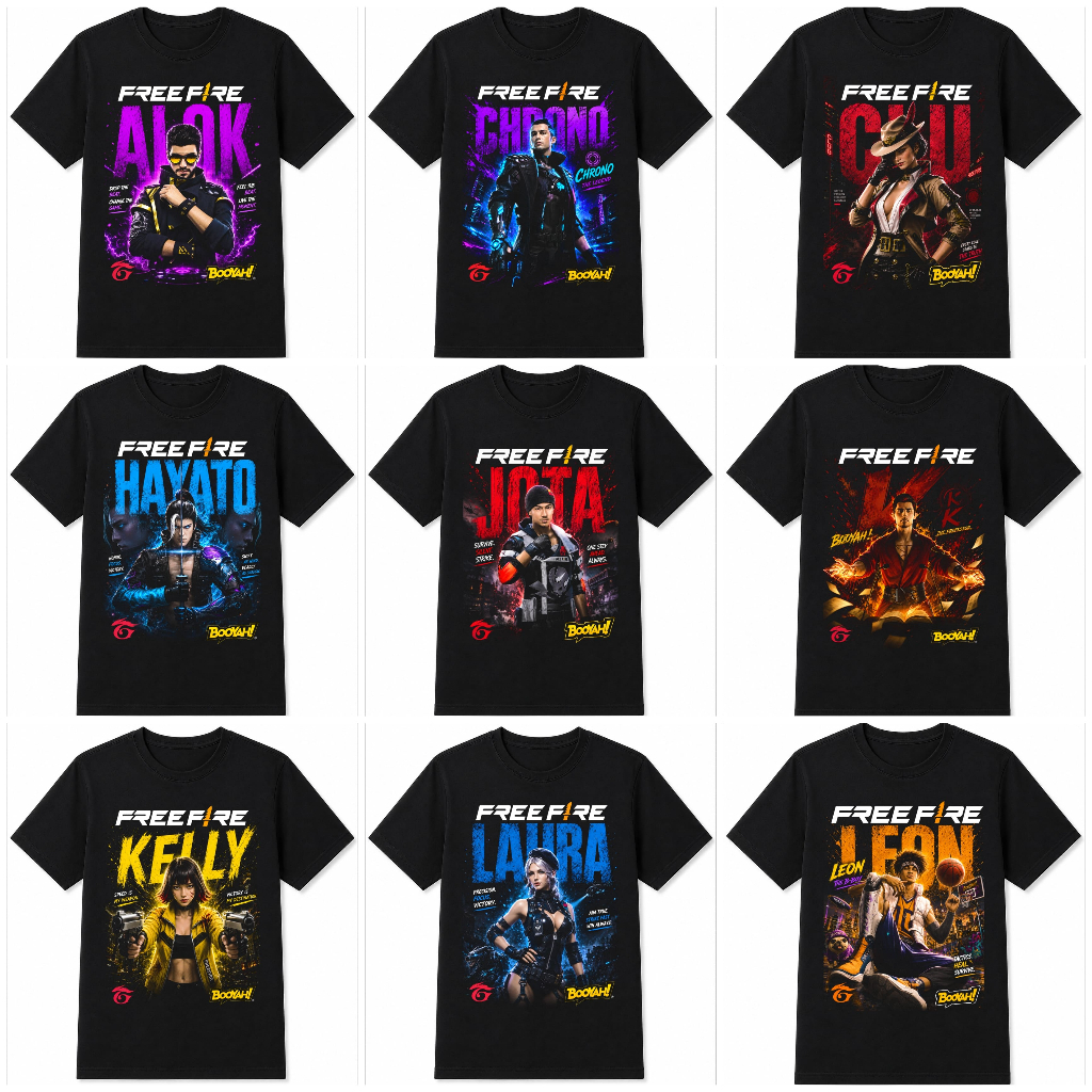 NSK CLOTH - Kaos Free Fire Karakter FF Alok Hayato Jota Kelly Chrono Moco Kaos Gaming Pria Wanita
